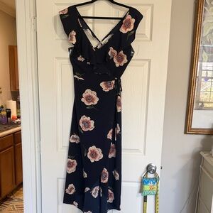 Floral Wrap Dress - Navy with Pink Accents